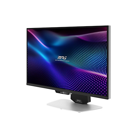 MSI Gaming-Monitor in Schwarz und Silber mit abstraktem, blau-violettem Punktmuster auf dem Display.