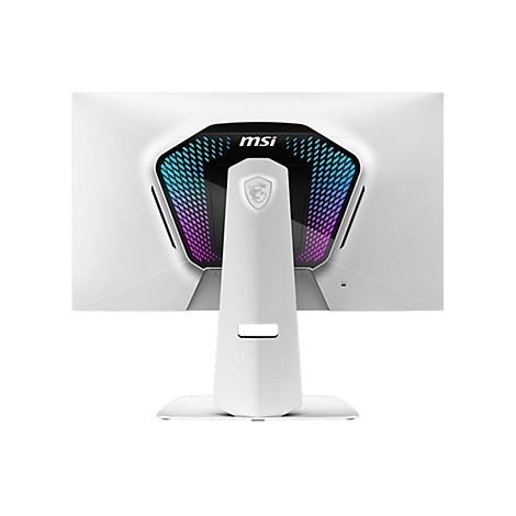 Weiße Rückseite eines MSI Monitors mit auffälliger RGB-Beleuchtung und Gaming-Design vor weißem Hintergrund.
