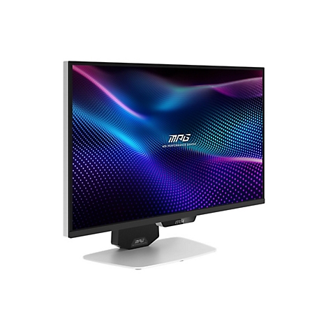 MSI Gaming Monitor in Weiß und Schwarz auf weißem Hintergrund mit leuchtendem, violettem Hintergrundbild.