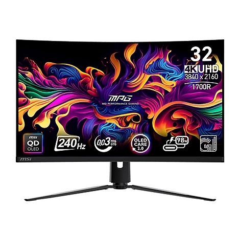 MSI Gaming-Monitor, 32 Zoll, 4K UHD, gebogen, mit farbenfrohem abstraktem Display-Hintergrund.