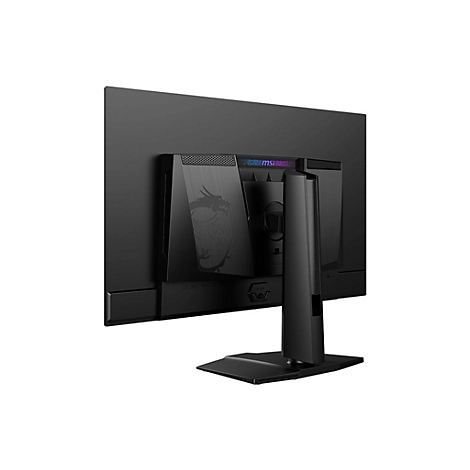Rückseite eines schwarzen MSI Gaming-Monitors auf einem Standfuß mit Drachen-Logo und RGB-Elementen.