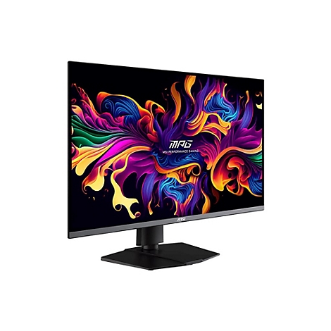 MSI-Monitor mit farbenfrohem Kunstwerk auf dem Bildschirm. Schwarzer Standfuß, Marke MSI.