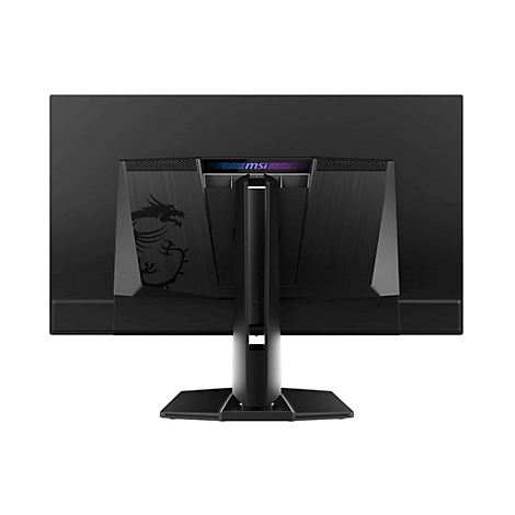 Rückansicht eines schwarzen MSI-Monitors. Ein Drachenlogo und die Marke sind sichtbar.