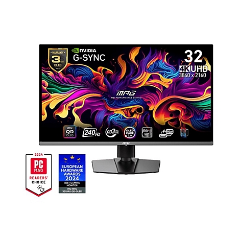 Ein MSI-Gaming-Monitor mit 32-Zoll-4K-UHD-Auflösung, G-SYNC und 240 Hz. Auf dem Bildschirm ein farbenfrohes abstraktes Muster.