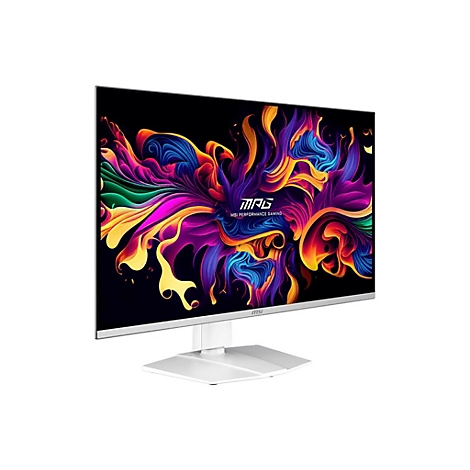 Weißer MSI Gaming-Monitor mit buntem, abstraktem Farbmuster auf dem Display vor neutralem Hintergrund.