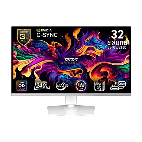 Weißer MSI MPG Gaming-Monitor mit 32-Zoll-4K-Display, das ein buntes, abstraktes Muster zeigt.