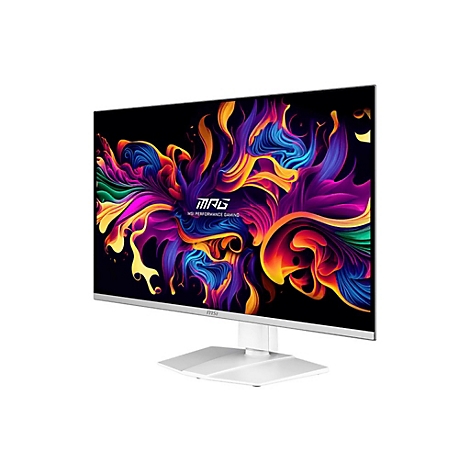 Weißer MSI Gaming-Monitor mit dünnem Rahmen auf einem Standfuß vor farbenfrohem, abstraktem Hintergrund.