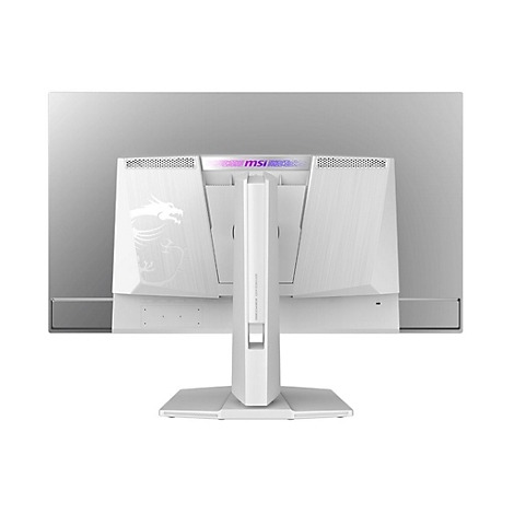 Rückseite eines weißen MSI-Monitors mit Drachenlogo und Standfuß vor grauem Hintergrund.