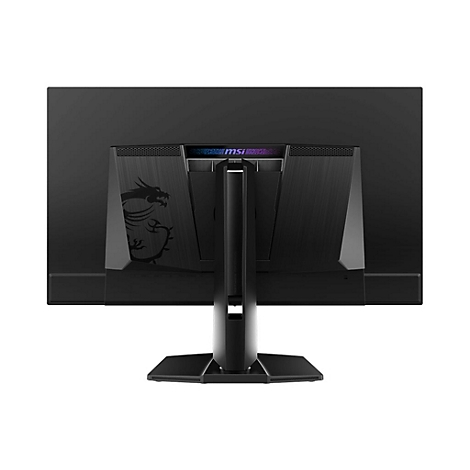 Rückseite eines schwarzen MSI Gaming-Monitors mit Drachenlogo und RGB-Akzent.