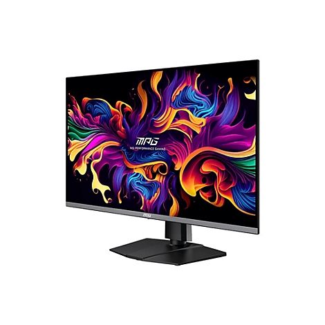 MSI Gaming-Monitor vor weißem Hintergrund mit farbenfrohem, abstrakten Grafik-Display.