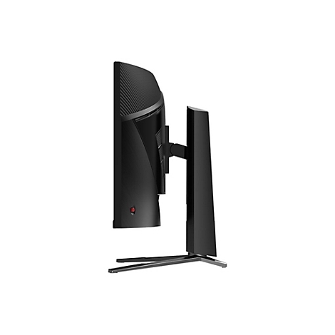Seitenansicht eines schwarzen, gebogenen Gaming-Monitors mit einem stabilen Standfuß vor weißem Hintergrund.