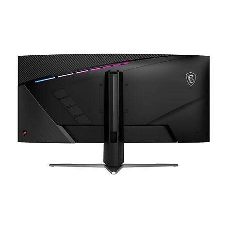 Rückseite eines schwarzen MSI Gaming-Monitors mit RGB-Beleuchtung und Standfuß vor weißem Hintergrund.