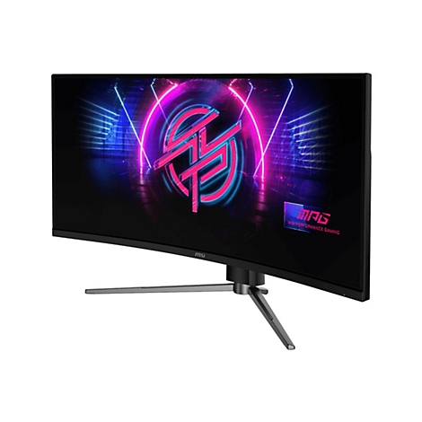 Gebogener MSI Gaming-Monitor mit leuchtendem neon-pinken und blauen Logo auf schwarzem Hintergrund.