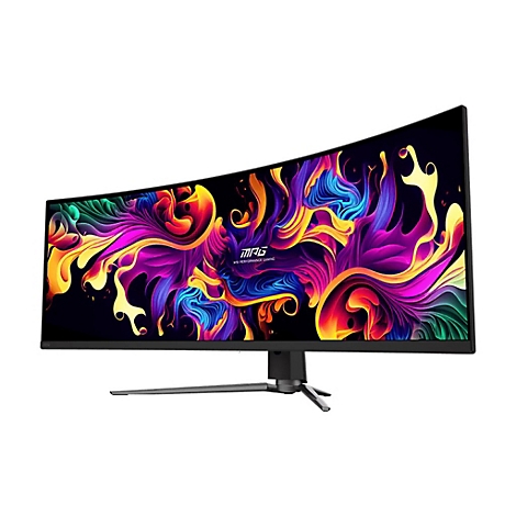 Gebogener Gaming-Monitor, schwarzer Rahmen, bunte Grafiken auf dem Bildschirm, grauer Standfuß.