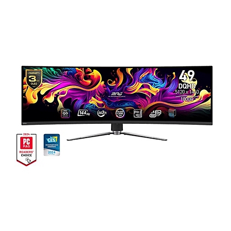 Ein gebogener Monitor mit bunten Farben. Die Angaben zeigen 49 Zoll, DQHD, 5120 x 1440, 1800R, 144 Hz und 0,03 ms Reaktionszeit. Es gibt Logos von PC Mag und CES.