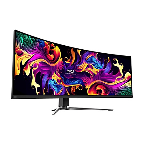 Gebogener Gaming-Monitor mit farbenfrohem, abstraktem Hintergrund. MSI-Logo und Standfuß.