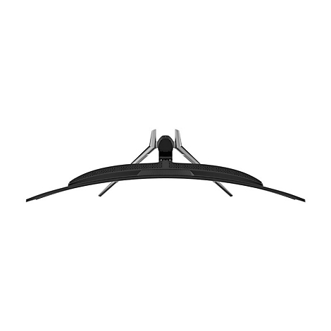 Draufsicht auf einen gebogenen Gaming-Monitor. Der Bildschirm ist schwarz, das Gestell silberfarben.
