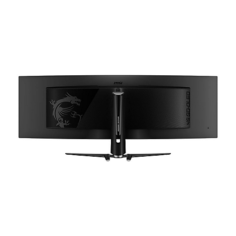 Rückansicht eines breiten, gebogenen schwarzen MSI Gaming-Monitors mit Drachen-Logo auf dem Standfuß.
