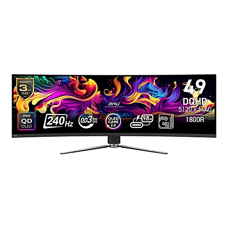 MSI 49-Zoll QD-OLED Curved Gaming-Monitor vor weißem Hintergrund mit bunten abstrakten Grafiken auf dem Display.
