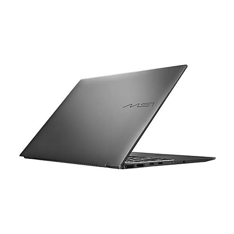 Dunkelgraues Laptop, leicht geöffnet, mit MSI-Logo auf dem Deckel. Der Bildschirm und die Seitenanschlüsse sind sichtbar.