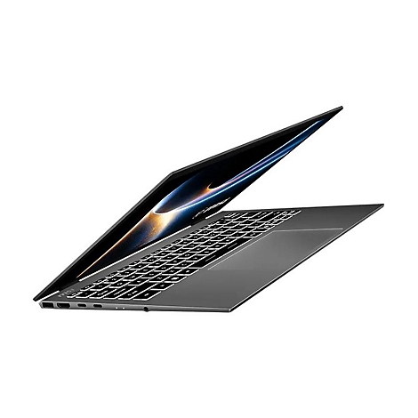 Ein grauer Laptop mit geöffnetem Display, die Tastatur ist sichtbar. Der Bildschirm zeigt ein abstraktes Design.