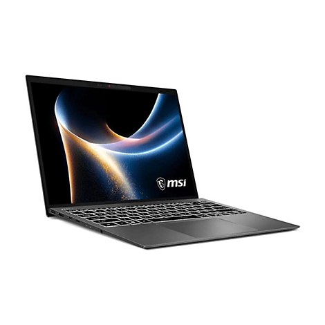 Grauer Laptop mit beleuchtetem Bildschirm. Auf dem Bildschirm ist ein blau-oranges abstraktes Muster zu sehen, darunter das MSI Logo.