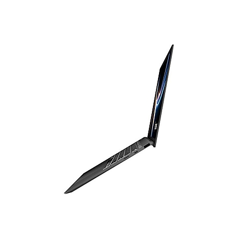 Ein graues Laptop-Gerät, leicht geöffnet, in Schräglage vor weißem Hintergrund. Der Bildschirm zeigt ein blau-gelbes Muster.