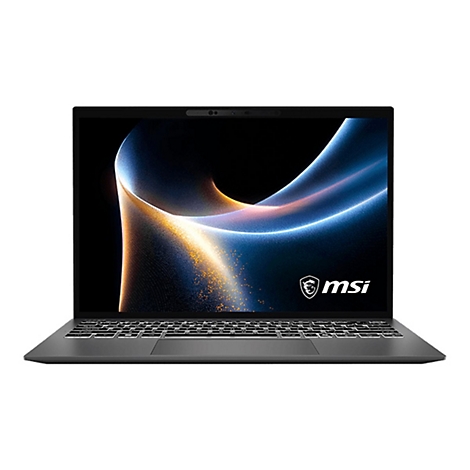 Ein grauer Laptop mit geöffnetem Display. Auf dem Bildschirm ist ein abstraktes, blau-orangenes Muster zu sehen. Unten rechts das MSI-Logo.