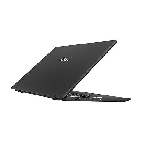 Schwarzer Laptop, leicht geöffnet, diagonale Ansicht. Oben rechts Logo, unten Ports.