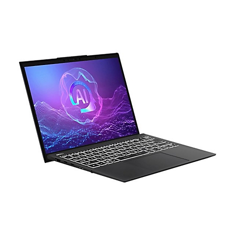 Schwarzer Laptop, leicht geöffnet, mit einem Bildschirm, der ein abstraktes AI-Logo zeigt. Tastatur und Touchpad sind sichtbar.