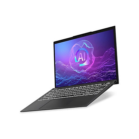 Ein schwarzer Laptop, der leicht von oben gesehen wird. Auf dem Bildschirm ist ein blau-violetter Hintergrund mit dem Wort "AI" zu sehen.
