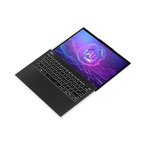 Schwarzer Laptop, geöffnet. Bildschirm zeigt AI-Logo. Tastatur beleuchtet.