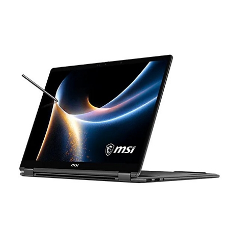 Ein schwarzes MSI-Laptop mit einem Stift, der auf dem Bildschirm schwebt. Der Bildschirm zeigt ein blaues Design.