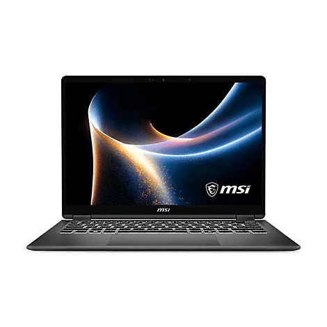 Ein graues MSI-Laptop, geöffnet, auf weißem Hintergrund. Der Bildschirm zeigt eine abstrakte blaue und goldene Grafik.