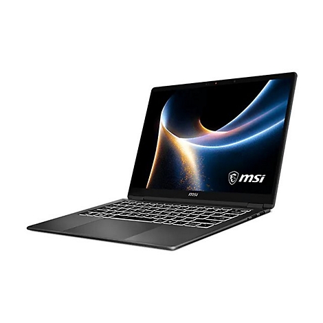 Schwarzer Laptop, halb geöffnet, mit Logo 'msi' und hellem Display-Hintergrund.