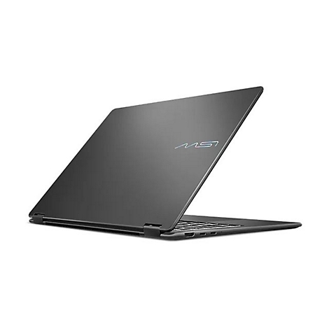 Dunkelgraues Laptop, leicht geöffnet, MS Logo. Weißer Hintergrund.