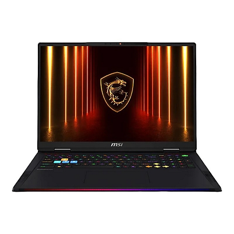 Schwarzes MSI-Laptop, beleuchtete Tastatur, Display mit goldenem Drachenlogo, Hintergrund mit farbigen Lichtlinien.
