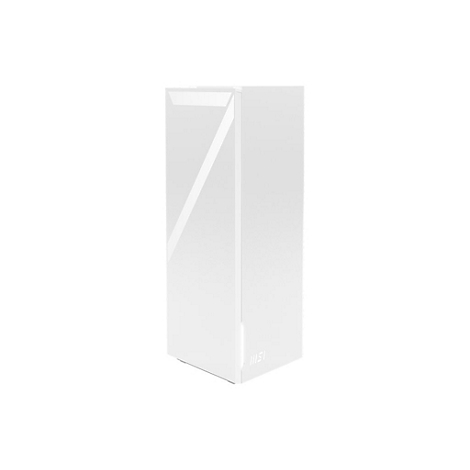 Ein weißer, hoher PC-Tower vor weißem Hintergrund. Eine diagonale Linie verläuft über die Oberfläche.