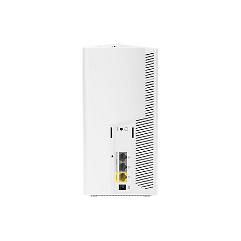 Weißer Router mit Anschlüssen, darunter Ethernet und ein Power-Knopf.