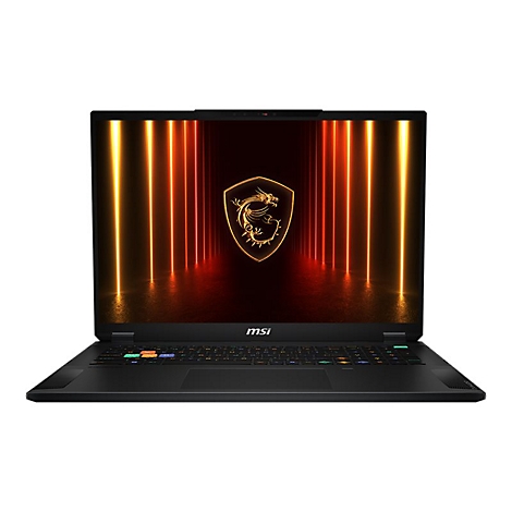 Schwarzer Laptop, geöffnet. Auf dem Bildschirm ein goldenes Logo und orangefarbene, vertikale Linien. Unten steht „msi“.