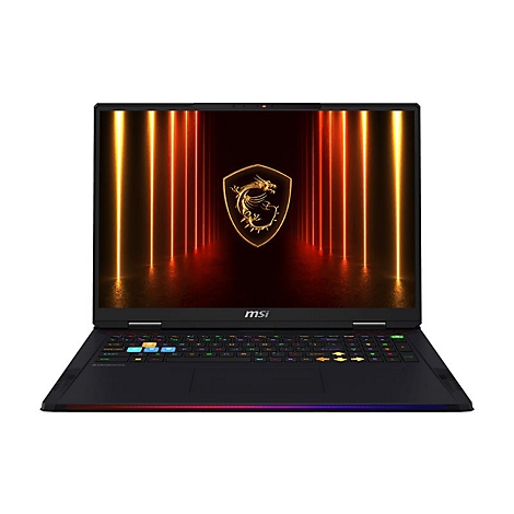 Schwarzer Laptop mit geöffnetem Display. Auf dem Bildschirm ist ein goldener Drache auf rotem Hintergrund zu sehen, umrahmt von gelben Linien. Die Tastatur ist beleuchtet.