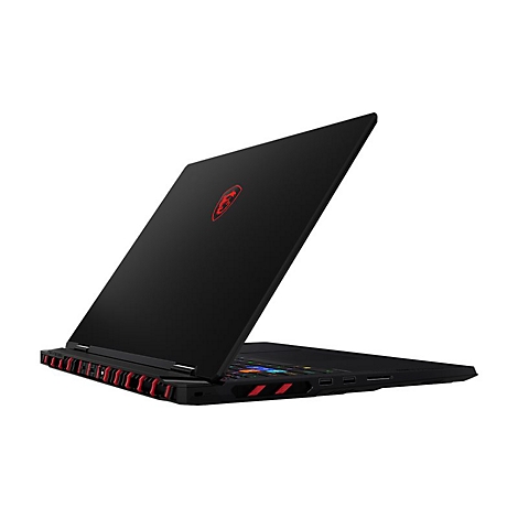Schwarzer Laptop von hinten mit rotem Logo auf der Oberseite. Geöffnet, Blick auf Tastatur und Seitenteile.