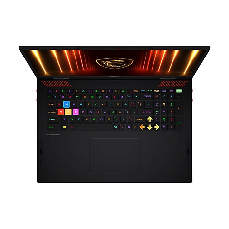 Draufsicht auf einen schwarzen Laptop mit farbiger Tastatur und Hintergrundbeleuchtung.