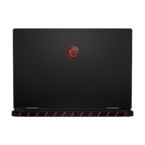 Schwarzer Laptop von oben. Rotes MSI-Logo, rote Streifen am Rand. Anschlüsse unten.