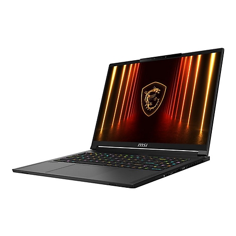 Schwarzes MSI-Laptop, Bildschirm zeigt ein goldenes Drachenlogo, Tastatur mit Farbverlauf, weißer Hintergrund.