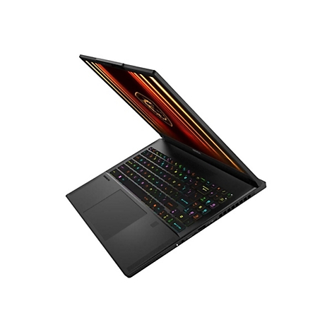 Schwarzer Laptop, leicht geöffnet, RGB-Tastatur, von oben fotografiert.