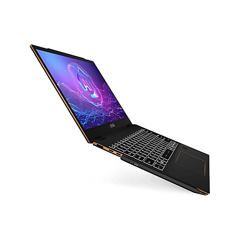 Schwarzes Laptop mit goldfarbenen Akzenten, leicht geöffnet, vor weißem Hintergrund. Bildschirm zeigt blaues Muster, MSI Logo.