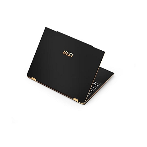 Schwarzes Laptop mit goldfarbenen Akzenten, leicht geöffnet auf weißem Hintergrund. Das MSI-Logo ist sichtbar.