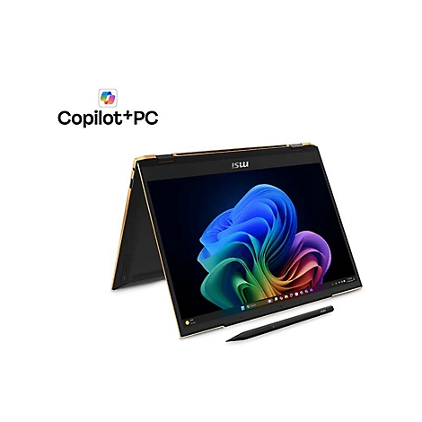 Ein goldfarbenes MSI-Laptop mit schwarzem Bildschirm und Stift, der leicht geöffnet ist. Im Hintergrund ist ein farbenfrohes abstraktes Design zu sehen. Copilot+PC-Logo oben links.
