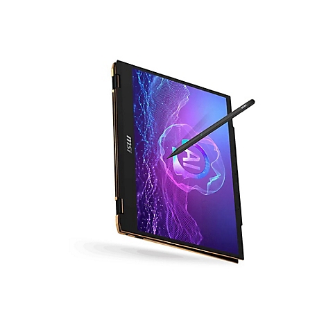 Ein schwarzes Laptop mit goldenen Akzenten, mit einem Stift, der auf dem Bildschirm schwebt. Auf dem Bildschirm das AI-Logo.